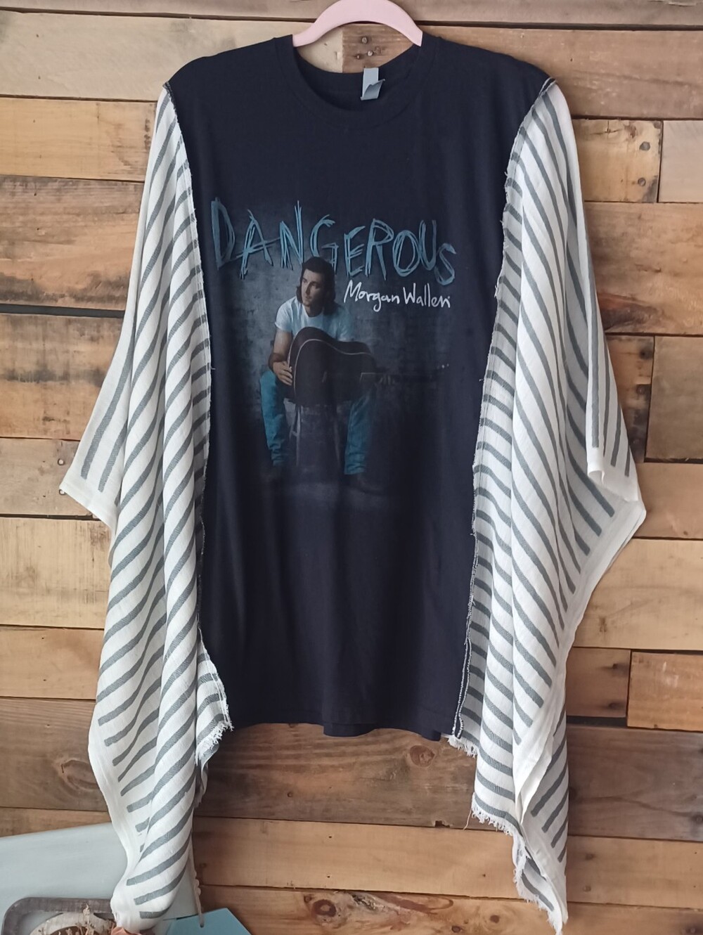 Upcycled Dangerous Morgan Wallen Graphic Tee with Striped Kimono Sleeves